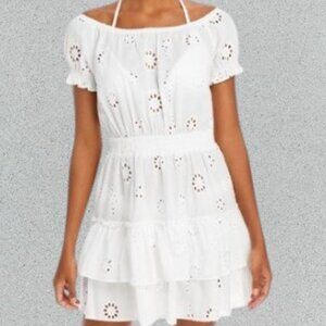 Aqua Bloomingdale's Tiered Eyelet Swim Coverup Dress White Medium NWT